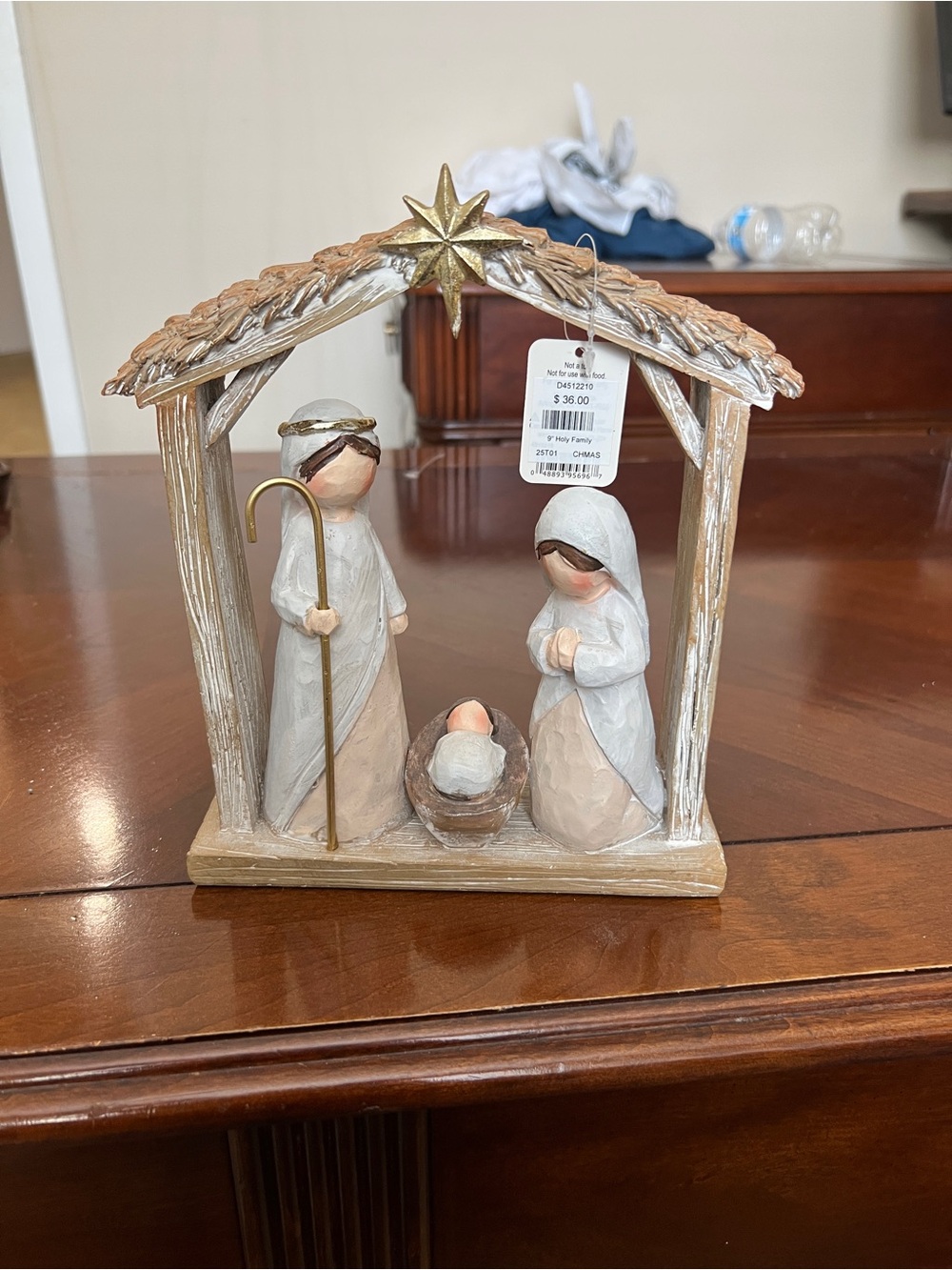Hand-Painted White and Tan Nativity Stable Figurine with Gold Star
